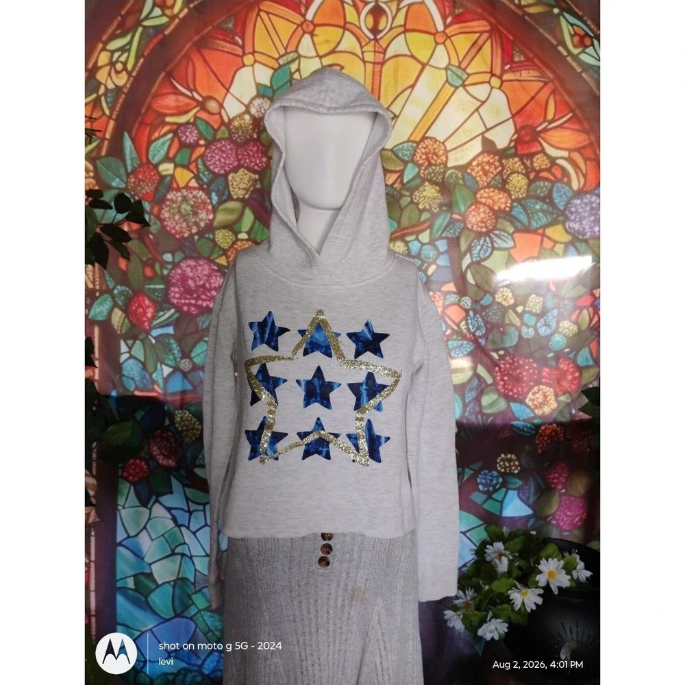 Justice Active Girls Gray Hooded Crop Sweatshirt Blue Glitter Stars Size 12